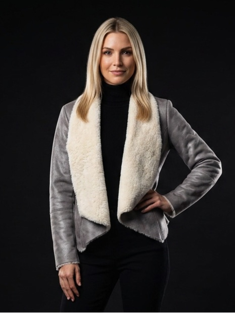 Cache Sz XS Gray Silver Fleece lined Sheepskin Coat/Jacket